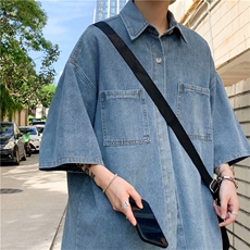 新款牛仔短袖衬衫男夏季ins潮牌宽松休闲五分袖衬衣外套CS1353-45，男装衬衫，星座1008