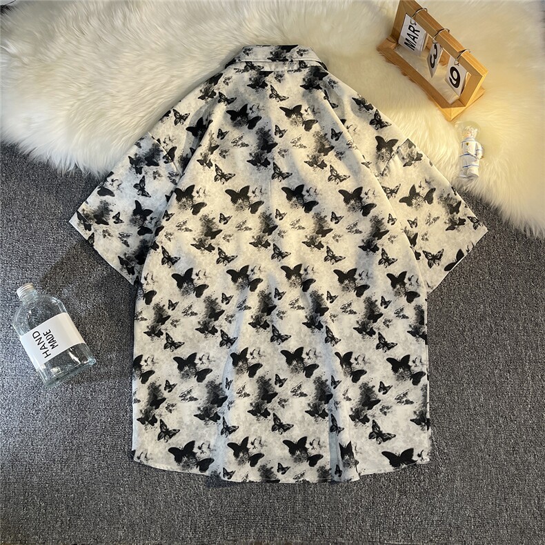 b413-1-CS340冰丝蝴蝶印花短袖衬衫男夏季痞帅休闲衬衣男,男装衬衫,电商B413-1