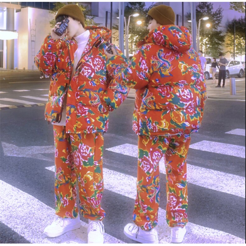 TZ206男士休闲东北大花连帽棉衣加绒裤套装风民族潮男女装，男装休闲套装，星座115A(原星座507）