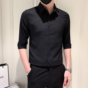 店主风社会小伙男士纯色中袖衬衫男休闲修身衬衣301A-1/CS385/P55图片