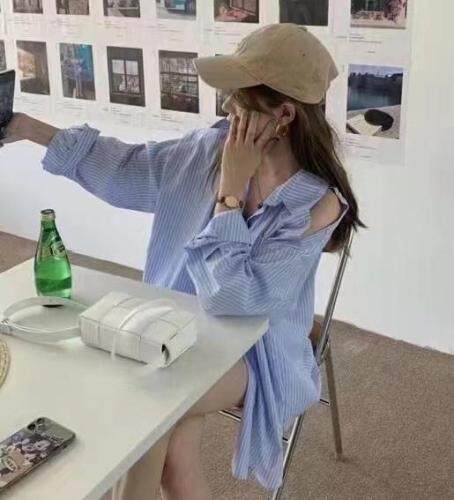 【现货】秋季新款条纹漏肩衬衣，其它，1+9