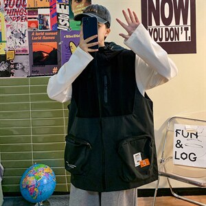 7XL~M 2021秋季新款港风文艺男连帽机能工装马甲无袖背心大码控88图片