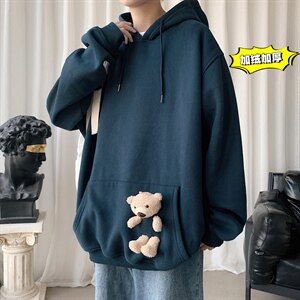 2021冬季新港风短句大码男女送小熊加绒加厚网红连帽卫衣W5205P55