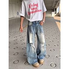 美式街头水洗做旧破洞牛仔裤男春秋直筒宽松欧美高街vibe风长裤子，男装牛仔裤，四季星座505