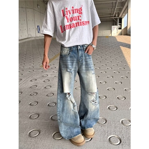 美式街头水洗做旧破洞牛仔裤男春秋直筒宽松欧美高街vibe风长裤子图片