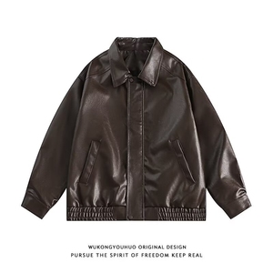 美拉德棕色皮衣外套机车服翻领复古宽松PU夹克上衣Y1023-P68网图图片