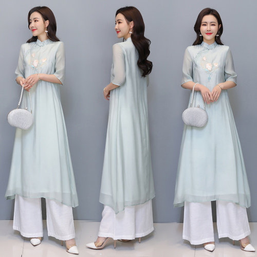 芷墨原创时尚风刺绣连衣裙阔腿裤两件套装茶服,女装套装/套裙,芷墨服饰