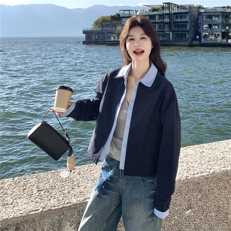 蓝色撞色衬衫领短款夹克外套女2026春秋新款韩系时髦减龄夹克显白,女装短外套,艾米莉亚