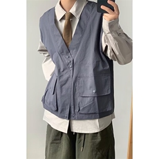 港风秋款男假两件衬衫马甲撞色工装大口袋休闲衬衣CS0106P50，男装衬衫，星座1013-1