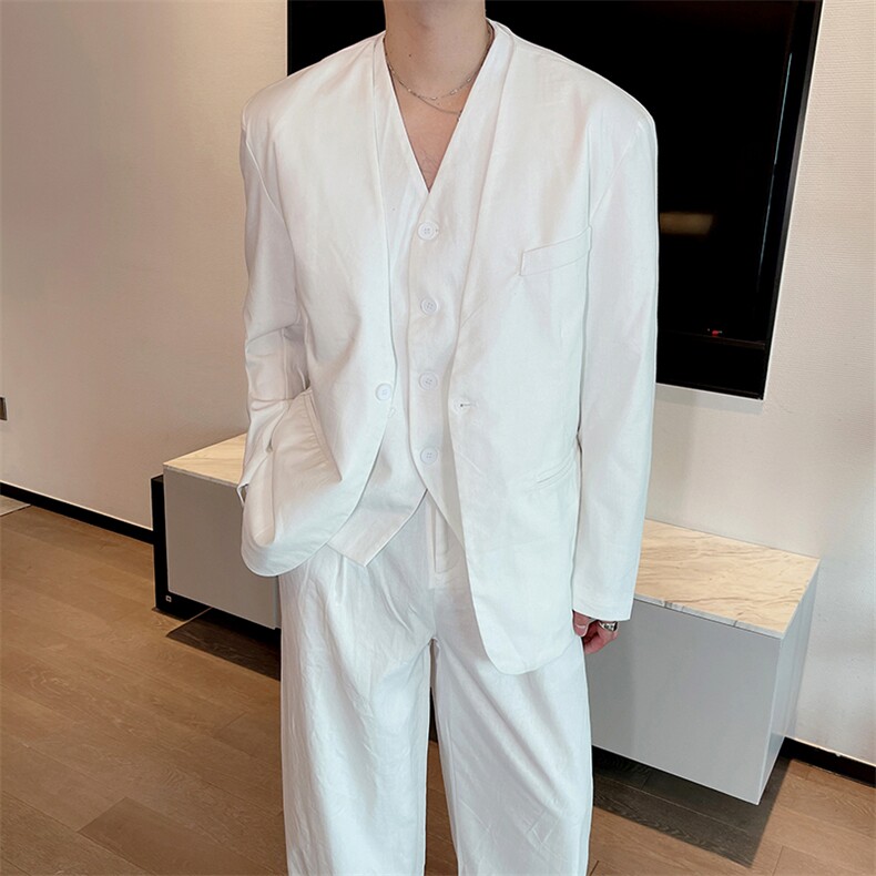 春秋休闲亚麻西服套装男时尚帅气西装马甲阔腿裤三件套TZ263-P265,男装西服套装,电商B267