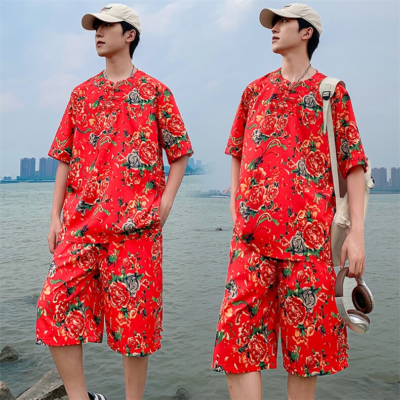 TZZ风盘扣T恤裤子大码团队服东北大花套装男女表演出新中式服图片
