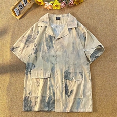 新中式水墨画盘扣衬衫男女夏装潮宽松休闲短袖上衣服-C447-p55，男装衬衫，星座601-2