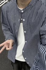 设计感条纹衬衣文艺范男宽松休闲港味立领衬衫外套C2270-特价P45，男装衬衫，电商A007