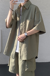 已下单TZ771-特批52 控88新款速干肌理感短袖衬衫短裤T恤大码套装图片