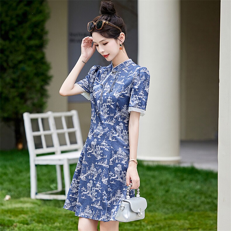 新中式提花牛仔连衣裙女2024夏季新款收腰显瘦轻国风改良旗袍裙子,女装连衣裙,涵墨