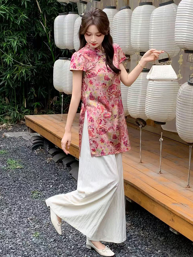慕未家J夏装新款立领打褶中长上衣松紧腰短裤时尚国风套装熹58298,女装套装/套裙,玖莱伊