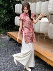 慕未家J夏装新款立领打褶中长上衣松紧腰短裤时尚国风套装熹58298，女装套装/套裙，玖莱伊