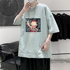 YT26392-P30亚麻短袖t恤男大码五分袖男宽松七分袖大皂风模特，男装T恤，电商A040