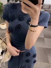 盐系高级感时尚气质套装女春新款圆领立体花朵上衣阔腿长裤两件套，女装套装/套裙，江南