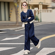 蕾丝拼接牛仔套装女2025春季新款穿搭时尚牛仔外套阔腿长裤两件套，女装套装/套裙，E百度