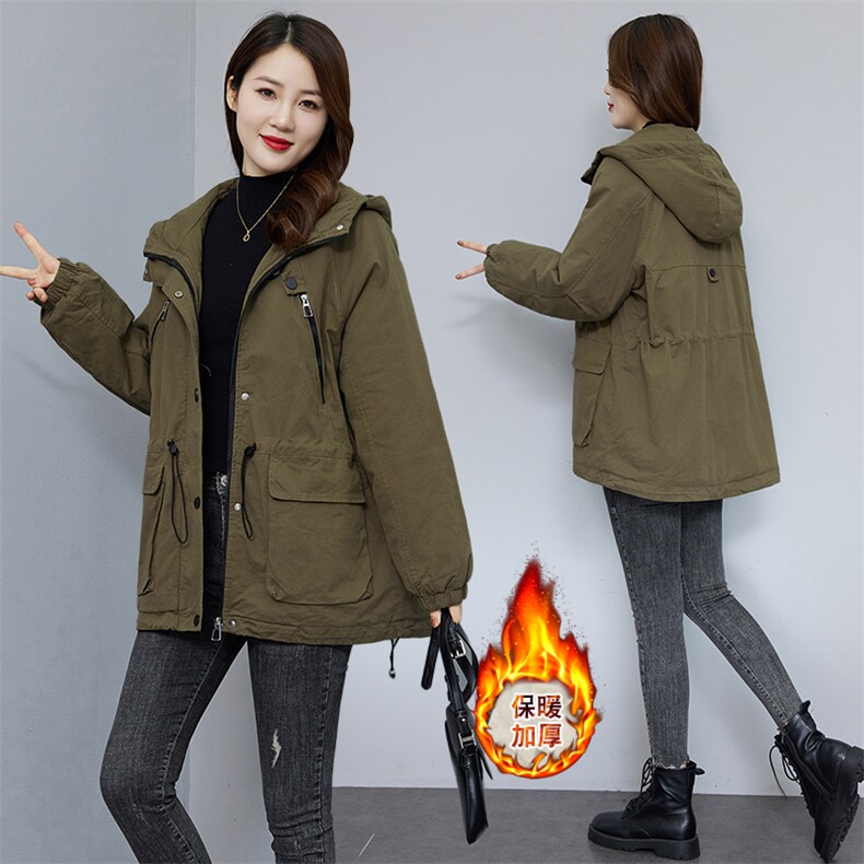 现货。时尚格子加绒加厚连帽保暖女派克服外套，女装棉衣/棉服，依万里