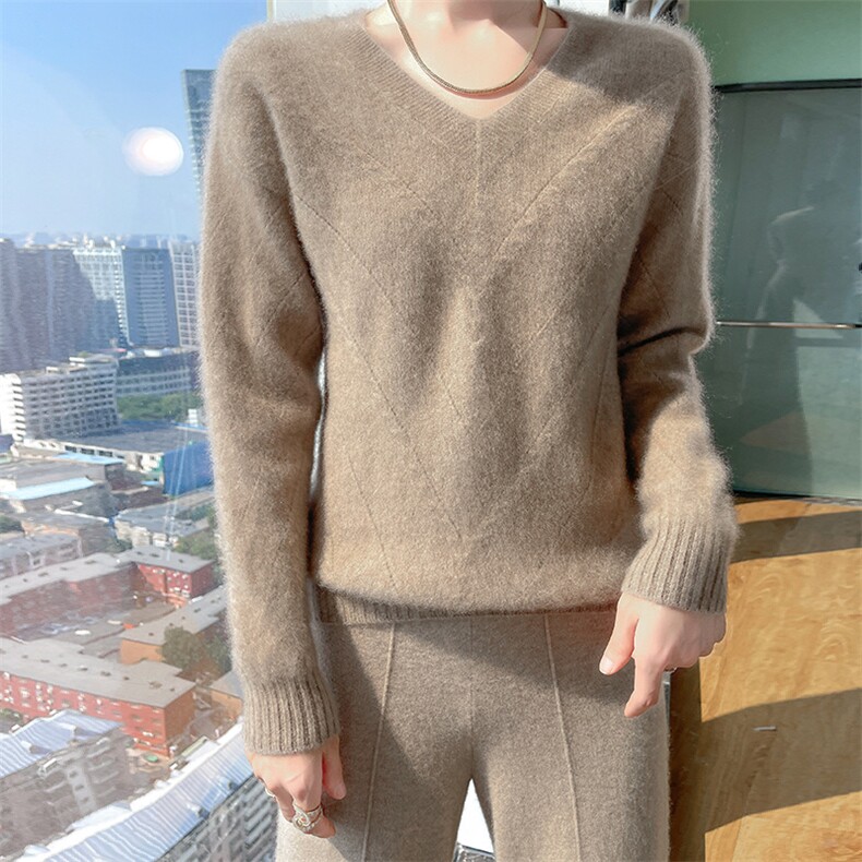 25秋冬V领100%羊毛衫女长袖提花镂空套头毛衣宽松羊绒针织打底衫，女装羊毛衫，暮绒羊羊绒