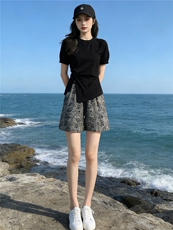 高级感时尚潮流套装女夏新款显瘦圆领开叉上衣阔腿提花短裤两件套，女装套装/套裙，江南