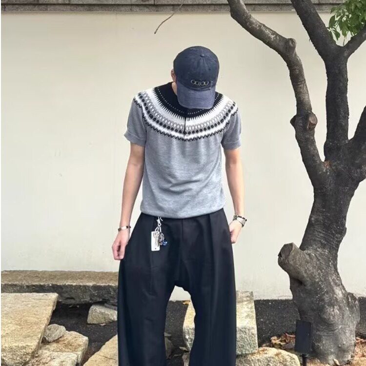 美式复古费尔岛撞色圆领短袖t恤女夏季设计感百搭亨利领针织上衣,男装T恤,星座506A
