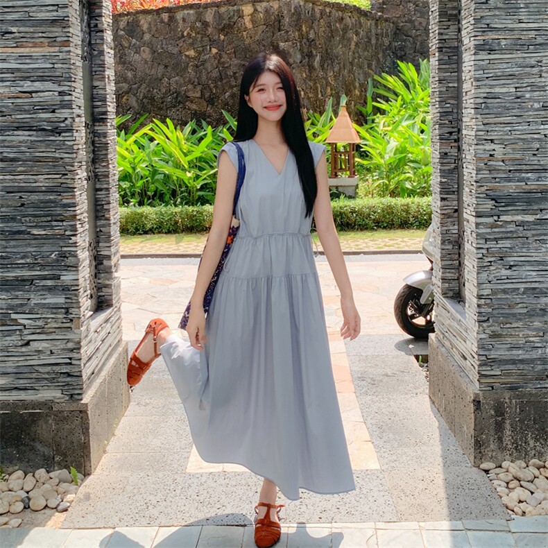 小清新浅蓝色V领无袖连衣裙女2026夏季新款韩系简约182-8632PK218，女装连衣裙，帛香坊