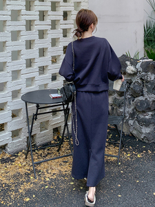 藏青色休闲时尚卫衣套装裙女2025春季新款韩系慵懒风半身裙两件套图片
