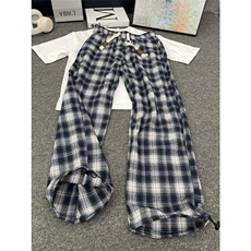 网图有货夏季藏青色格子休闲裤男薄款慵懒宽松阔腿裤女A682-P32，男装休闲裤，星座1505