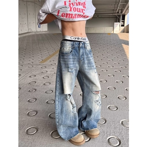 美式街头水洗做旧破洞牛仔裤男春秋直筒宽松欧美高街vibe风长裤子图片