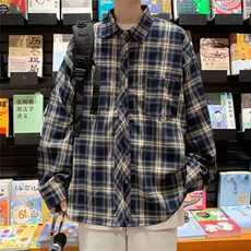 复古格子长袖衬衫男秋季港风潮流宽松休闲百搭翻领衬衣薄外套，男装衬衫，星座716-3