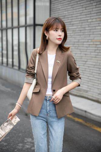 【新款现货】秋季拼格咖色气质小西装，女装西装，水锦红