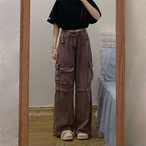 美式设计感紫色工装牛仔裤男女夏季新款复古宽松显瘦垂感高街阔腿图片