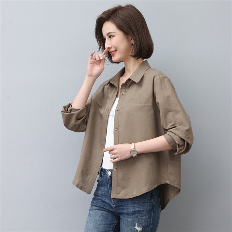 时尚休闲气质宽松棉麻衬衣女长袖百搭显瘦上衣新款韩版简约外套,女装衬衫,依恋蒂丝