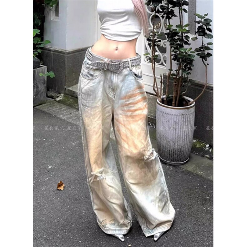 涂鸦破洞阔腿牛仔裤女夏季ins高腰显瘦宽松薄款直筒长裤NA480，男装牛仔裤，星座1116A（原606A-3）