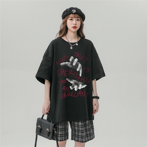 中性风23新款夏季百搭复古美式印花圆领短袖T恤T1142P25控38图片