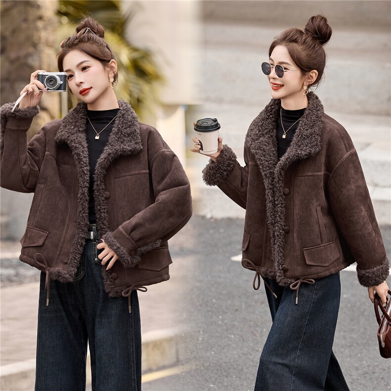 麂皮绒皮毛一体羊羔毛外套女秋冬2025新款机车服棉服图片