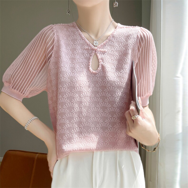 夏新中式短袖女V领时尚薄款T恤宽松显瘦，女装针织衫/毛衣，东远绒业