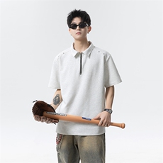 2025夏季新款港风日系半拉链翻领短袖T恤男潮XZ213-TX19-P35控58，男装T恤，星座213