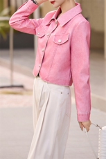 现货粉色小香风高级感皮外套女春秋季新款富家千金法式小个子上衣，女装皮衣，江南女神