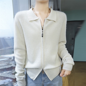 100%纯羊毛双拉链开衫女纯色提花长袖外套上衣宽松羊绒衫外搭毛衣,羊绒衫,昭美羊绒