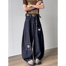 廓形弯刀牛仔裤男女春夏新款字母印花设计感宽松阔腿裤N6407-P52，男装牛仔裤，星座308B-1