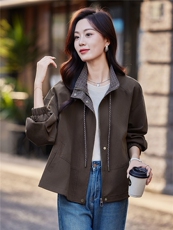 高级感格子拼接抽绳立领短款夹克外套女2025秋季宽松时尚洋气上衣，女装短外套，靓衣阁