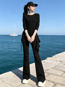 设计感时尚套装女春季新款收腰显瘦圆领长袖假两件修身长裤两件套图片