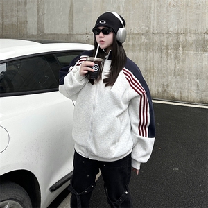 抖音得物高品质26春装美式高街重磅织带拼接撞色立领卫衣外套CM41图片