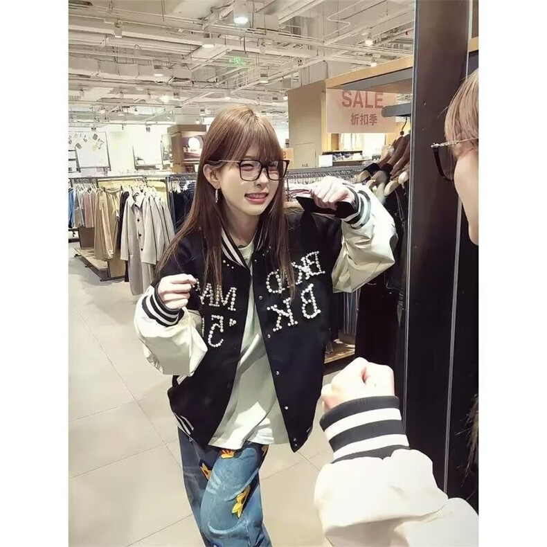 美式复古棒球服外套女春秋新款珍珠钉珠宽松百搭潮牌夹克XJK8021,男装夹克,星座208-5