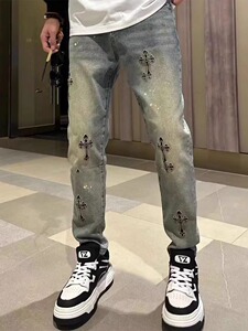 夏季新款宽松直筒牛仔裤男士时尚个性复古刺绣潮流休闲裤百搭长裤图片