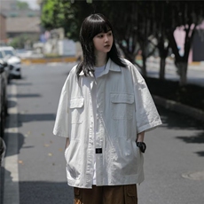 工装衬衫男女短袖韩版潮流贴标个性2023夏季ins宽松外套CY349-P38，男装衬衫，星座412-3